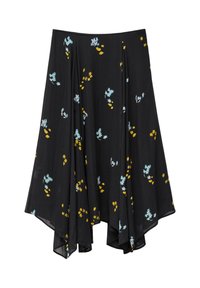 Black skirt made of lightweight fabric, featuring a flowing design with blue and yellow floral patterns, pleated front, and asymmetrical hem.