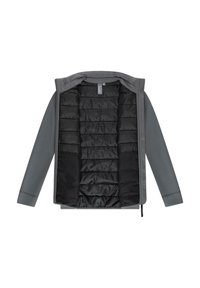 Grau gepolsterte Jacke mit Reißverschluss, Kapuze und glattem Innenfutter. Das Außenmaterial ist mit einem dezenten Muster strukturiert.