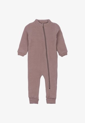Tuta monopezzo con zip in viola tenue, realizzata in tessuto morbido, con maniche lunghe, polsini a costine e caviglie affusolate.