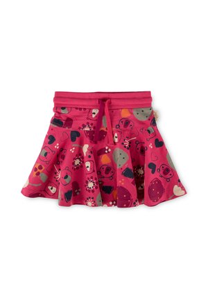 Rosa Baumwollrock mit ausgestelltem Design, das verspielte, mehrfarbige Muster von Tieren, Formen und Herzen zeigt. Mit einem Kordelzugbund.
