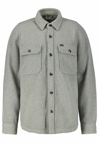 Gray button-up shirt with a textured, ribbed pattern, featuring two chest pockets, a collared neckline, and black buttons.