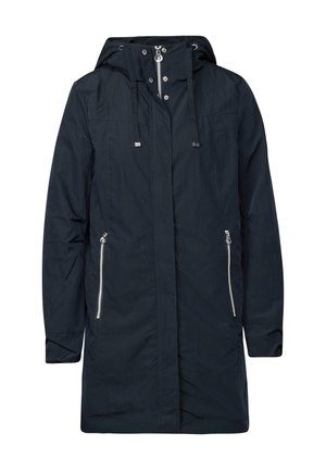Parka bleu marine imperméable avec capuche, dotée d'une fermeture éclair, de deux poches zippées à l'avant et de cordons de serrage à la capuche. Texture lisse.