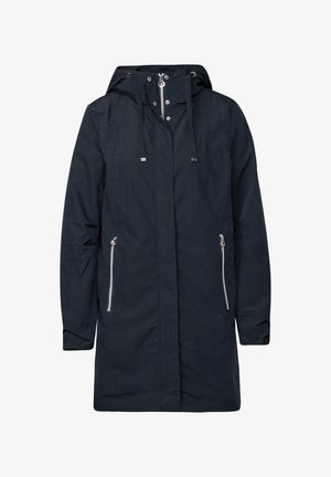 Parka impermeable de color azul marino con capucha, que presenta un cierre de cremallera, dos bolsillos frontales con cremallera y cordones en la capucha. Textura suave.