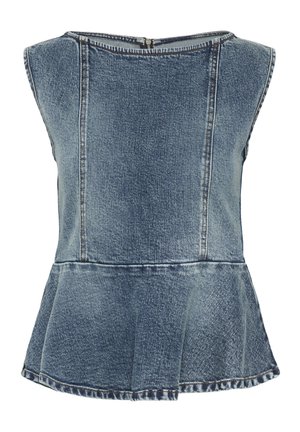 Šviesiai mėlynas džinsinis peplum topas su apvalia iškirpte, be rankovių ir matomu siuvimo detalėmis išilgai siūlių. Uždarymas su užtrauktuku nugaroje.