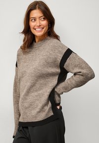 Maglione a maglia marrone chiaro con accenti neri ai lati, scollatura tonda, polsini e orlo a coste, texture morbida, vestibilità casual e spacco laterale in basso.