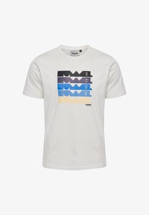 White cotton t-shirt featuring a graphic design with horizontal stripes in black, purple, blue, and beige, branded with "hummel."