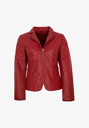 Red leather jacket with front zipper, lapel collar, and zippered side pockets, displayed on a white background.