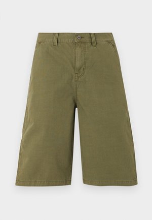 Olive green knee-length shorts with belt loops, front button, zip closure, and side pockets, displayed on white background.
