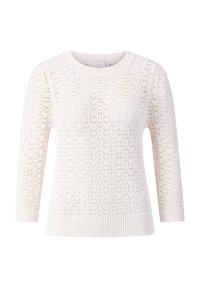 Maglione di cotone chiaro con un delicato motivo a pizzo aperto, scollo rotondo e polsini e orlo a costine.