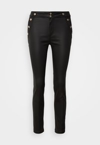 Pantalon slim noir en simili cuir avec taille haute et boutons décoratifs argentés le long des poches avant et de la ceinture.