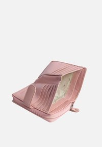 Pink leather wallet with a zip closure, interior card slots, and a solid pattern. Soft texture and curved design.