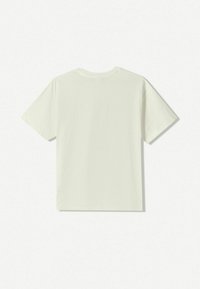 T-shirt à manches courtes, col rond, de couleur crème clair. Fabriqué en coton, avec une texture lisse et un design simple et minimaliste.