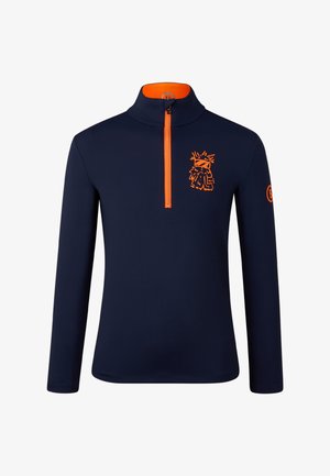Marineblauwe langwerpige pullover met een oranje rits en kraag. Beschikt over een grafisch ontwerp in oranje op de borst. Glad, stretchbaar materiaal.
