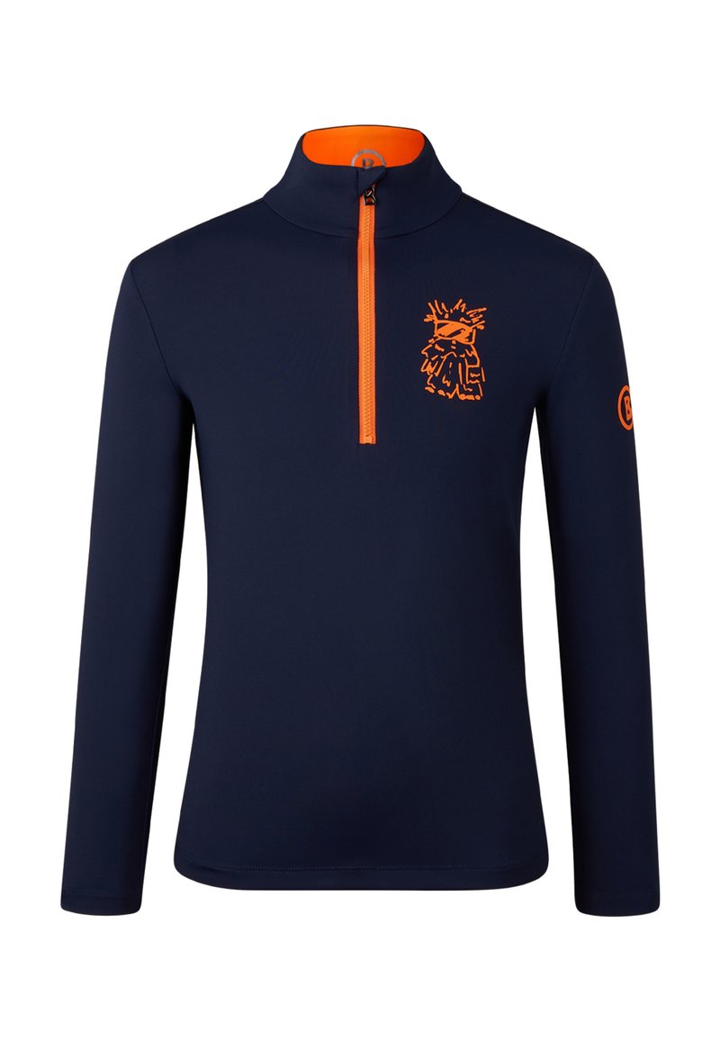 Mørkeblå langærmet trøje med orange lynlås og krave. Har et grafisk design i orange på brystet. Glat, strækbart stof.