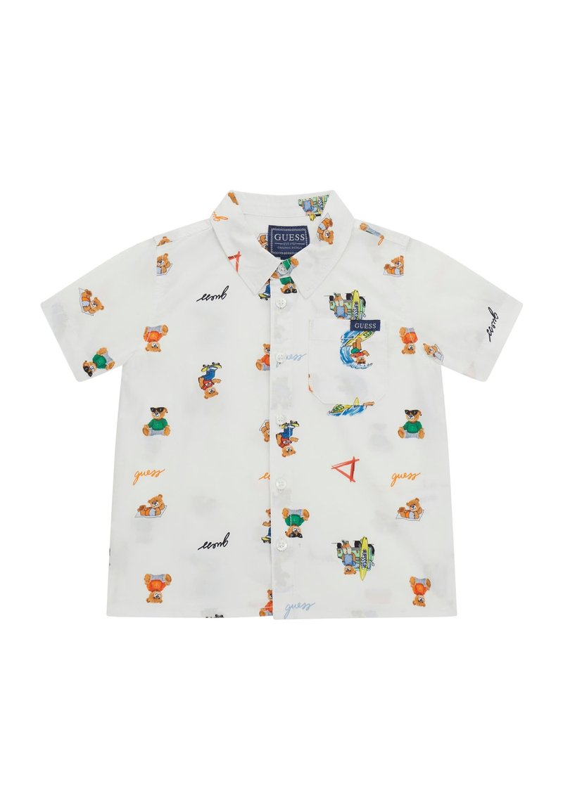 Camicia bianca a maniche corte con grafiche di orsi colorati, chiusura con bottoni e taschino sul petto sinistro con logo "GUESS".