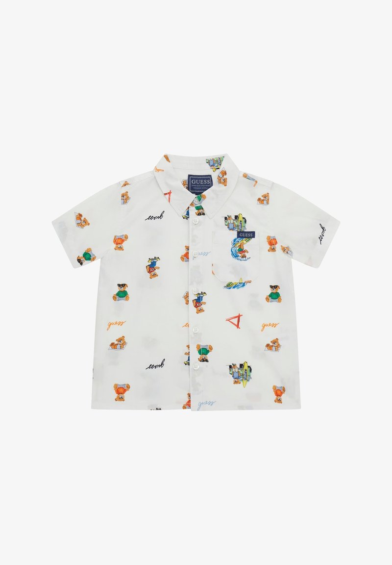 Cămașă albă cu mâneci scurte, având grafica colorată a unui urs, cu închidere butonată în față și o buzunar pe pieptul stâng cu logo-ul "GUESS".