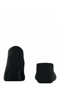 Calzini neri alla caviglia con una texture liscia, caratterizzati da un design a taglio basso. Logo del marchio discreto visibile sul lato. Nessun motivo o accento visibile.