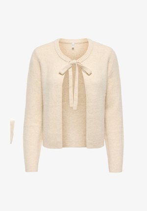 Béžový pletený kardigán s dlhými rukávmi a detailom na zaväzovanie na krku, vyrobený z textúrovaného materiálu s rebrovanými manžetami a lemom.