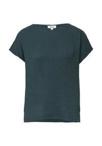 Donkergroene textuur blouse met korte mouwen en ronde hals, met het s.Oliver merklabel op de kraag, op een witte achtergrond.