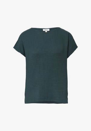 Blusa corta a maniche corte di un verde scuro testurizzato con scollatura rotonda e etichetta del marchio s.Oliver sul colletto, su uno sfondo bianco.