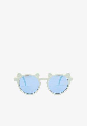 Lunettes de soleil rondes blanches avec des verres réfléchissants bleus et de petites oreilles en forme d'ours aux coins supérieurs de la monture.