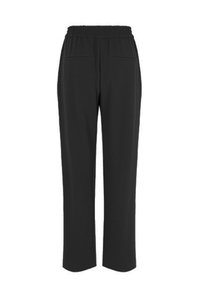 Zwarte elastische broek met rechte pijpen, voorzien van twee voorketsen en een soepele stoftextuur. Geen zichtbare patronen of hardware.