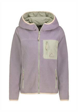 Lavendelfarbene Fleecejacke mit Kapuze, durchgehendem Frontreißverschluss, hellgrüner Reißverschlusstasche auf der Brust und zwei seitlichen Reißverschlusstaschen.