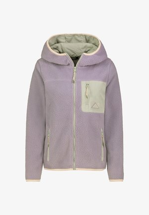 Lavendelfarbene Fleecejacke mit Kapuze, durchgehendem Frontreißverschluss, hellgrüner Reißverschlusstasche auf der Brust und zwei seitlichen Reißverschlusstaschen.