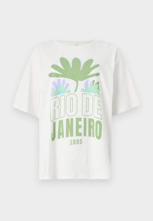 White short-sleeve t-shirt featuring a green and lavender graphic with palm leaves and “RIO DE JANEIRO 1995” text in bold lettering.