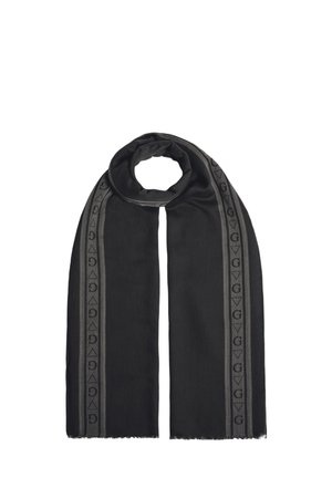 Sciarpa nera realizzata in morbido tessuto, con un bordo grigio a motivo e accenti geometrici, e orli sfilacciati. Forma lunga e rettangolare.