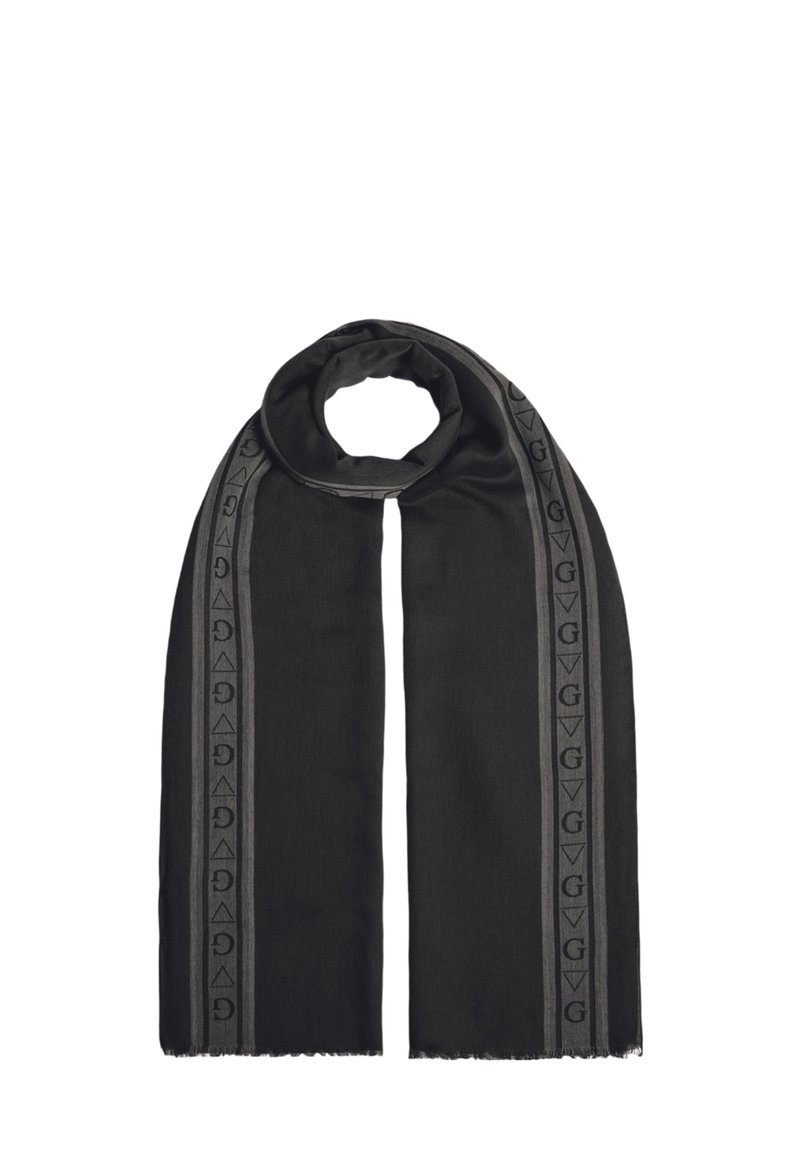 Sciarpa nera realizzata in morbido tessuto, con un bordo grigio a motivo e accenti geometrici, e orli sfilacciati. Forma lunga e rettangolare.