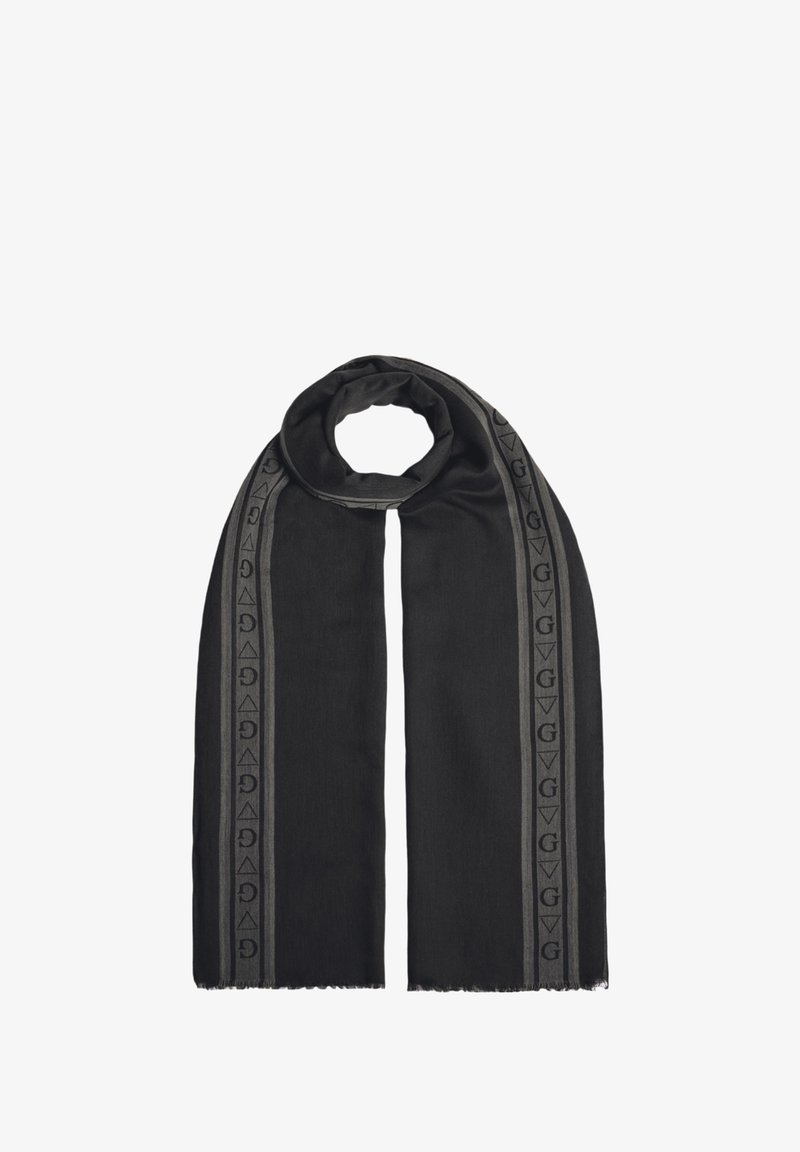 Écharpe noire en tissu doux, présentant une bordure grise motifée avec des accents géométriques et des bords effilochés. Forme longue et rectangulaire.