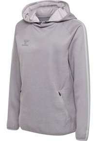 Felpa grigia chiara con cappuccio, dalla texture morbida, presenta una tasca con zip e strisce laterali bianche a contrasto. Logo sul petto.