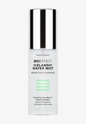Bottle of BIOEFFECT Icelandic Water Mist with silver cap, labeled as energizing face mist for instant hydration.