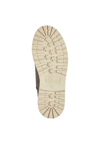 Suela de zapato marrón con superficie texturizada; presenta un dibujo en relieve para mayor agarre, de color beige y con el nombre de la marca "s.Oliver" grabado.
