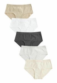 Cinque paia di mutandine da donna in vari colori: beige, bianco, grigio scuro, grigio chiaro e beige pallido. Tessuto morbido con cinturini elastici.