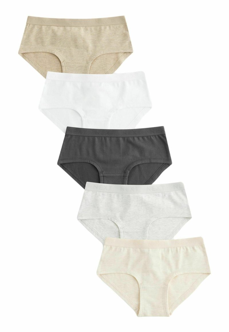 Cinque paia di mutandine da donna in vari colori: beige, bianco, grigio scuro, grigio chiaro e beige pallido. Tessuto morbido con cinturini elastici.