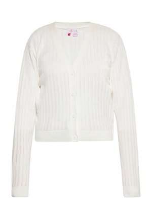 Weißer gerippter Cardigan mit V-Ausschnitt, langen Ärmeln und fünf Knöpfen auf der Vorderseite. Hergestellt aus leichtem Strickmaterial mit strukturierter Oberfläche.