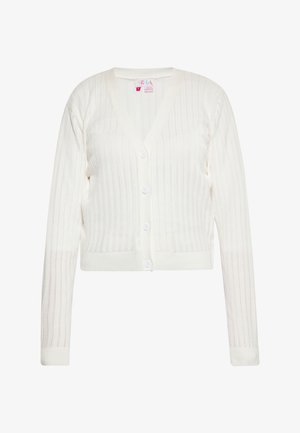 Witte geribde cardigan met een V-hals, lange mouwen en vijf knopen aan de voorkant. Gemaakt van een lichtgewicht breisel met een gestructureerde afwerking.