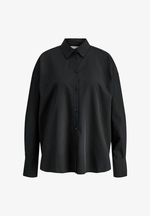Schwarzes Hemd mit Knöpfen aus glattem Stoff, mit einem Umlegekragen, langen Ärmeln und einer lockeren Passform. Verfügt über Frontknöpfe und einen abgerundeten Saum.
