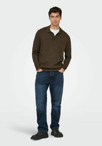 Maglione polo marrone a maniche lunghe con colletto, abbinato a jeans di denim blu e scarpe nere. Il modello è in piedi con le mani nelle tasche su uno sfondo semplice.