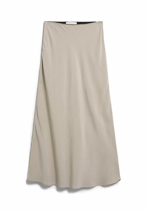 Beige, enkellange A-lijn rok met gladde stof en een smalle tailleband, weergegeven op een witte achtergrond.