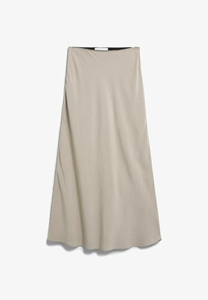 Beige, enkellange A-lijn rok met gladde stof en een smalle tailleband, weergegeven op een witte achtergrond.