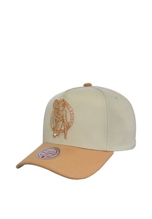 Beige and tan baseball cap with embroidered Celtic logo on front and a round sticker on the tan curved brim.