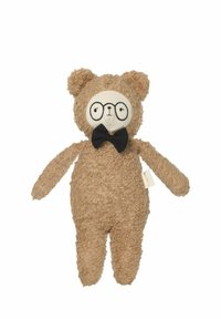 Brauner plüschiger Teddybär mit einem strukturierten Körper, weißem Gesicht, runden Brillen und einer schwarzen Fliege. Verfügt über runde Ohren und gestickte Details.
