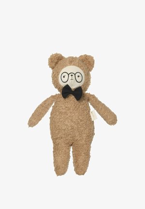 Oso de peluche marrón con un cuerpo texturizado, cara blanca, gafas redondas y una pajarita negra. Presenta orejas redondeadas y detalles bordados.
