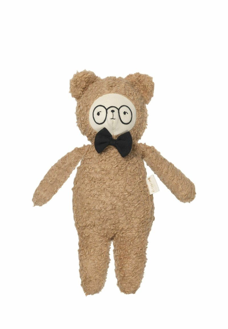 Brauner plüschiger Teddybär mit einem strukturierten Körper, weißem Gesicht, runden Brillen und einer schwarzen Fliege. Verfügt über runde Ohren und gestickte Details.