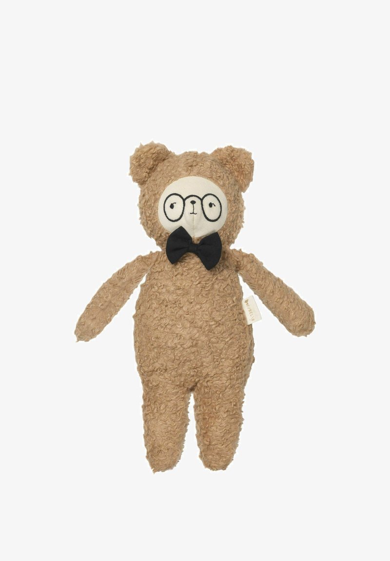 Brown plush teddy bear with a textured body, white face, round glasses, and a black bow tie. Features rounded ears and embroidered details.