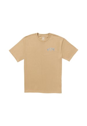 Camiseta de algodón beige con mangas cortas, cuello redondo y texto bordado en azul "BULLAPONG" en la parte delantera. Textura suave, corte clásico.