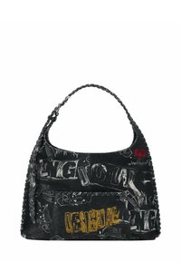 Mustast kangast käekott punutud sangaga, valge grafitistiilis tekst ja kollane "DESIGUAL" logo esi taskul.